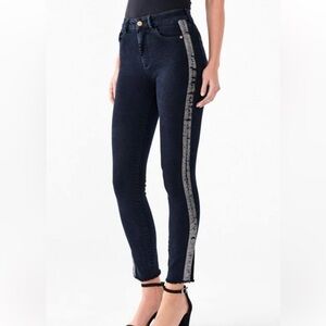 DL1961 Dark Wash Skinny Jeans with Metallic Stripe